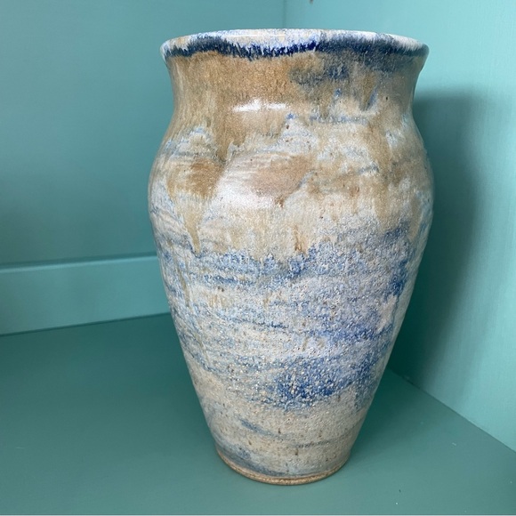 Handcrafted Artisan Art Pottery Studio Blue and Cream Rustic Ceramic Vase
